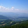 Pohled na Nýdek, Bystřici a naproti jsou beskydské vrcholky Ostrý a Javorový.